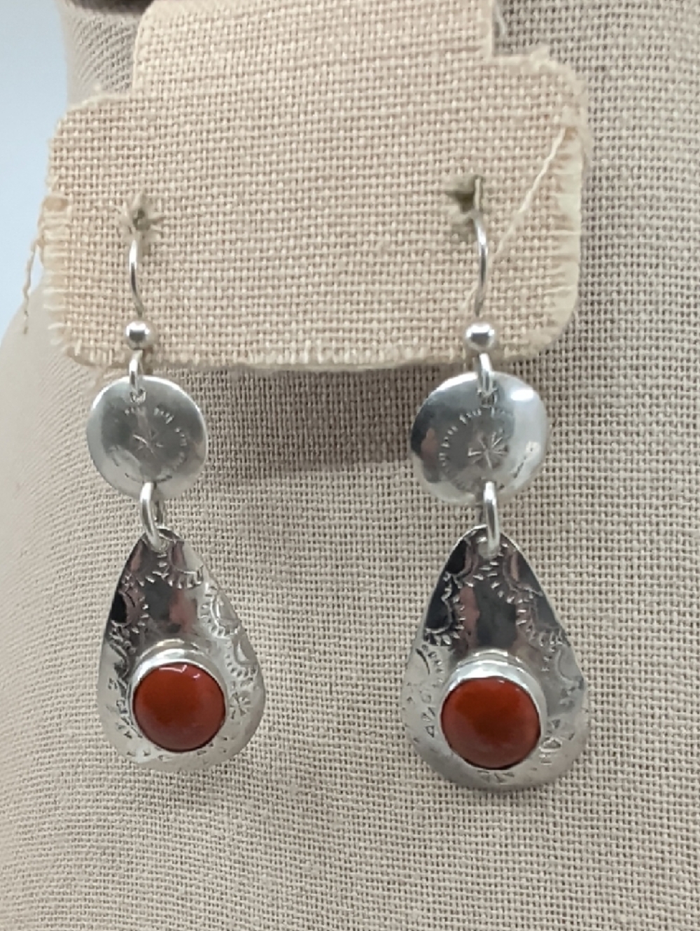 Vintage Sterling Silver Red Coral Cabochon Teardrop Dangle Earrings Artisan - Picture 3 of 17